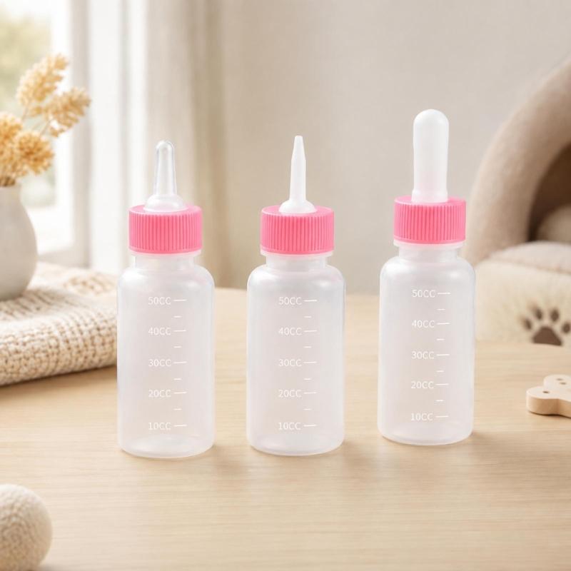 Newborns Cats and Dog Nursing Bottles with 3 Teat Shape, Plastic Bottles, Clear Scale Lines, and Removable Cap for Hand Feeding
