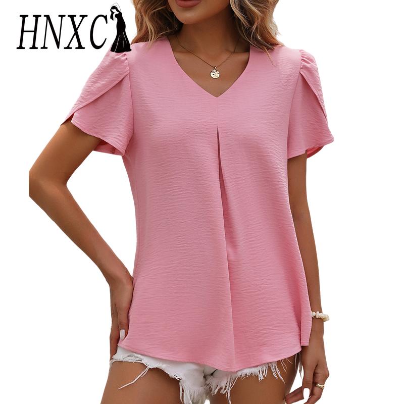 

HNXC Женские модные повседневные летние однотонные блузки и рубашки с короткими рукавами и v-образным вырезом с принтом