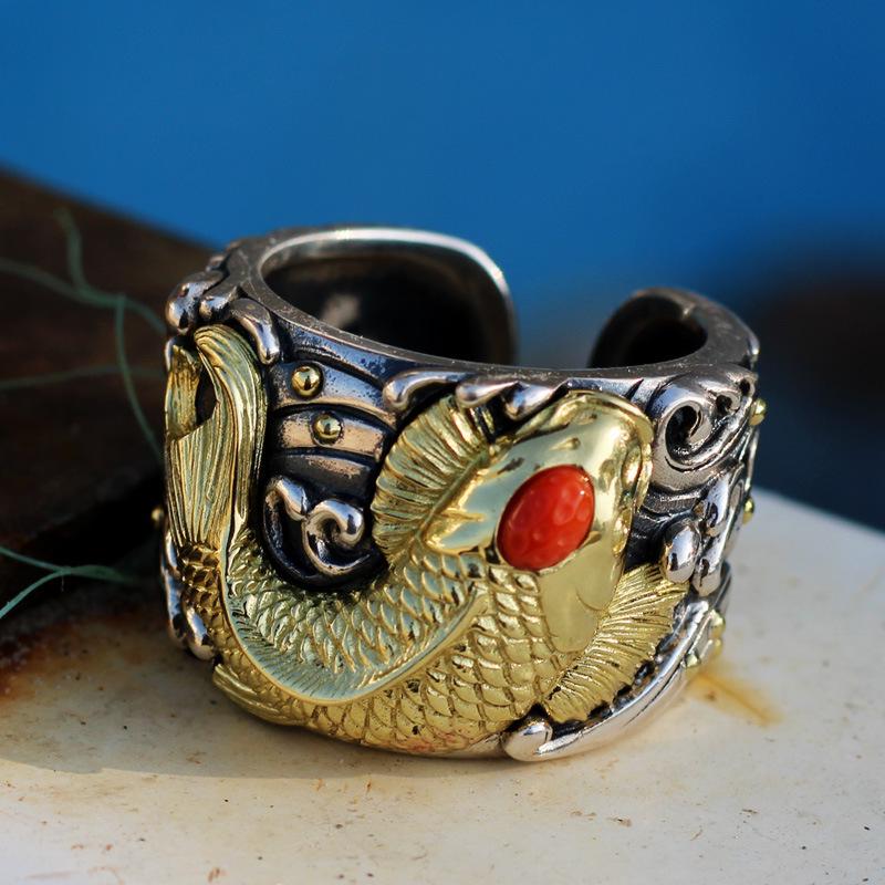 Men's Koi Adjustable S925 Silver Thumb Ring - Handmade Retro Ethnic Style Jewelry