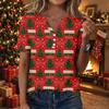 Women's Fashion Casual Christmas Print V-Neck Short Sleeve Button T-Shirt Top for Holiday and Everyday Wear
