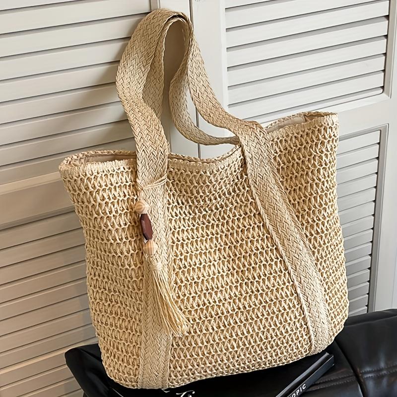 Women'S Fashion Solid Color Shoulder Bag Stylish Beach Tote Woven Texture Bag Daily Outings, Shopping, Commuting, School Bag