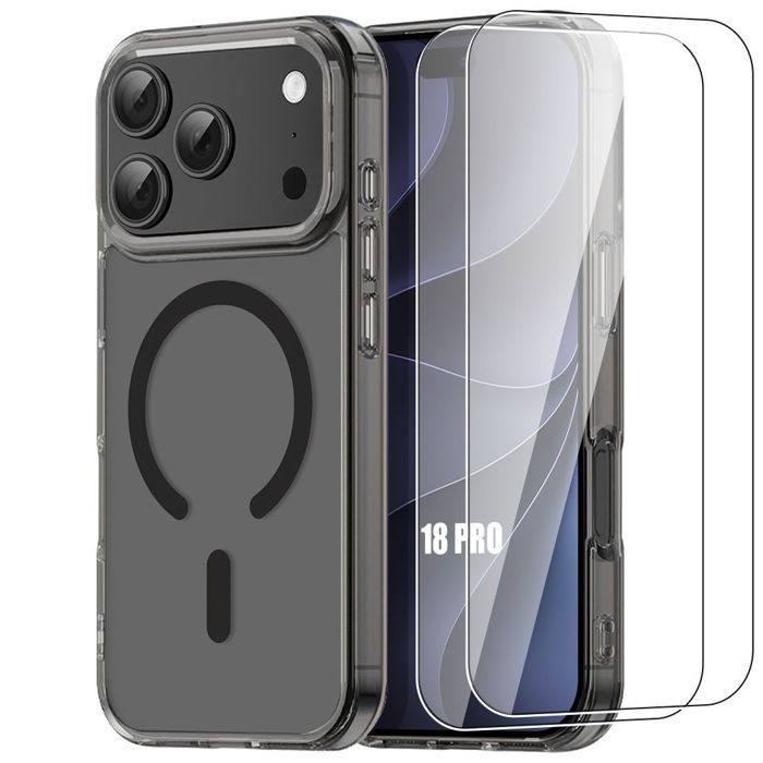Coque + 2 Verres Trempés pour iPhone 18 Pro, Anti-Rayures avec Cercle Magnétique - Translucide Noir