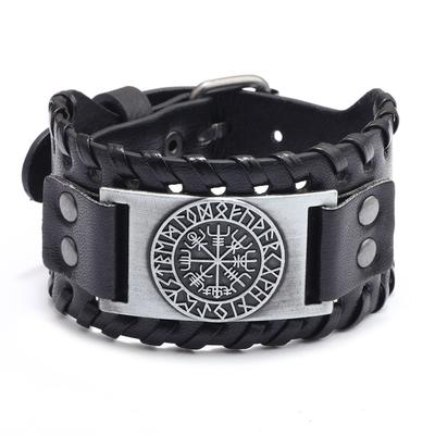 Nordic Viking Designer Alloy Charm Bracelet Male Wide Leather Weave Adjustable Wristband Cuff Bangle Men Punk Jewelry