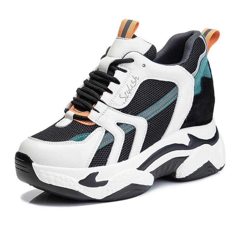 

9CM Genuine Leather Women Casual Shoes Chunky Sneakers Platform Wedge Heel Women Vulcanized Shoe Sping Winter Warm Shoe 34