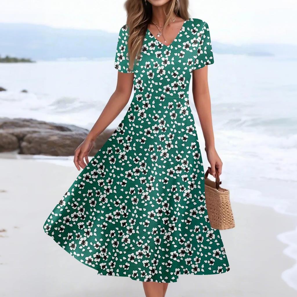 Women's Summer Casual Fashion Print Pocket Short Sleeve V-Neck Swing Dress