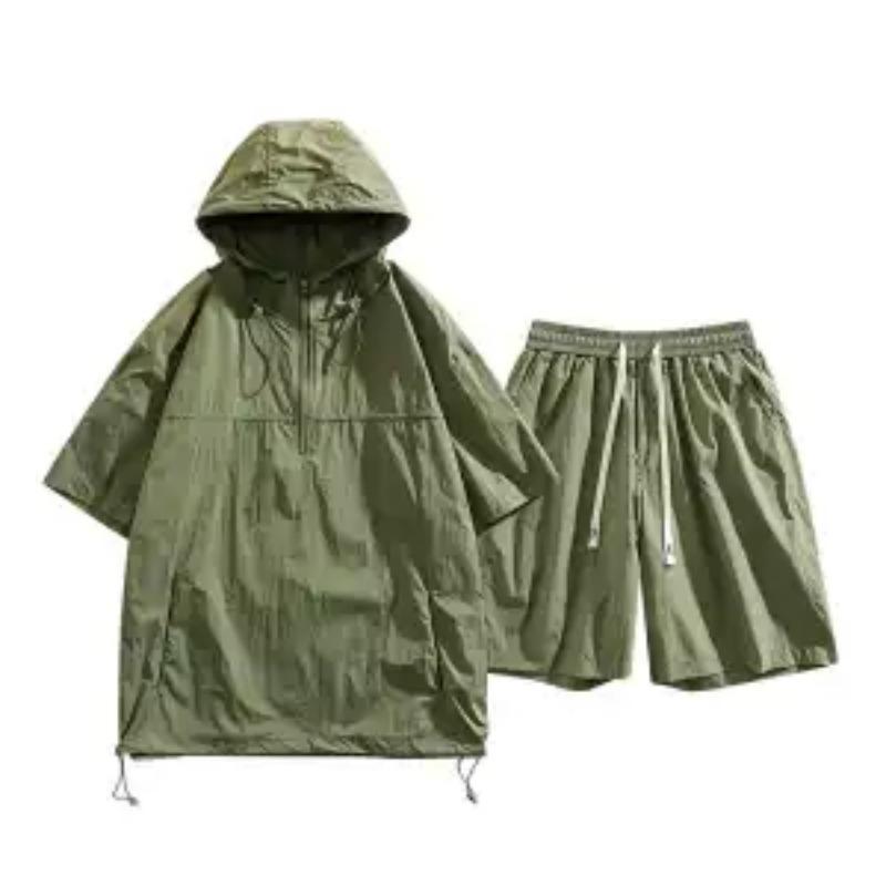 Men's Beige Half Sleeve Hoodie Shorts 2-Piece Set Loose Fit Casual Sportswear