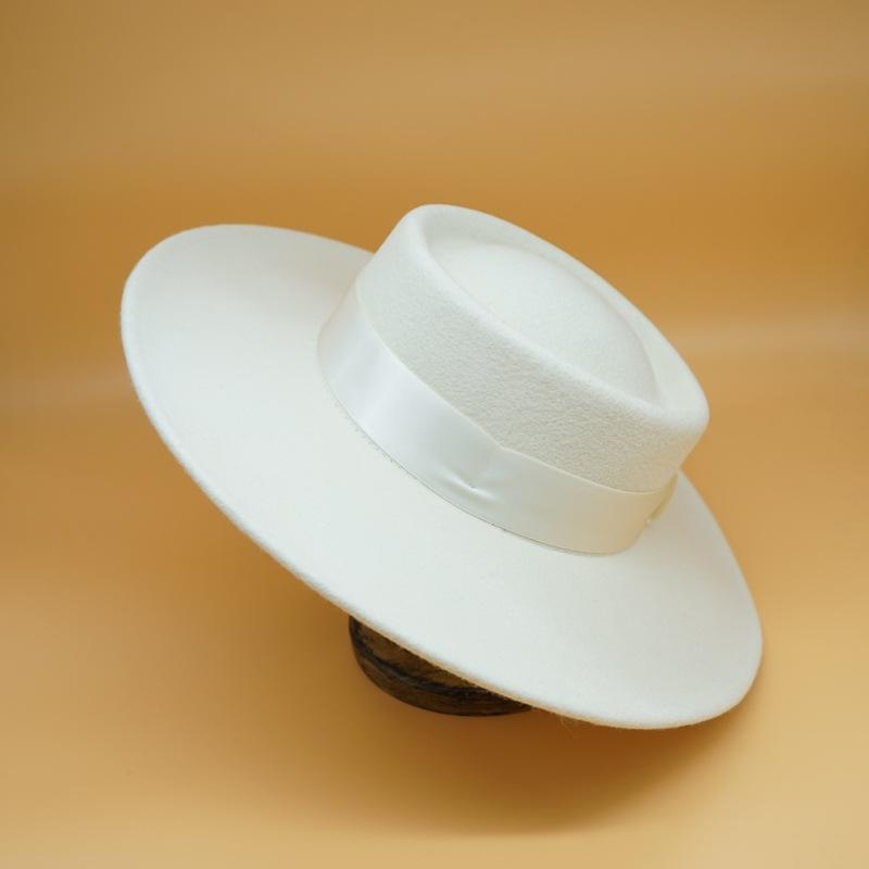 Foreign Trade White Big Eaves Wide Eaves Wool Flat Top Top Top Hat Female Autumn And Winter British Retro Versatile French Celebrity Felt