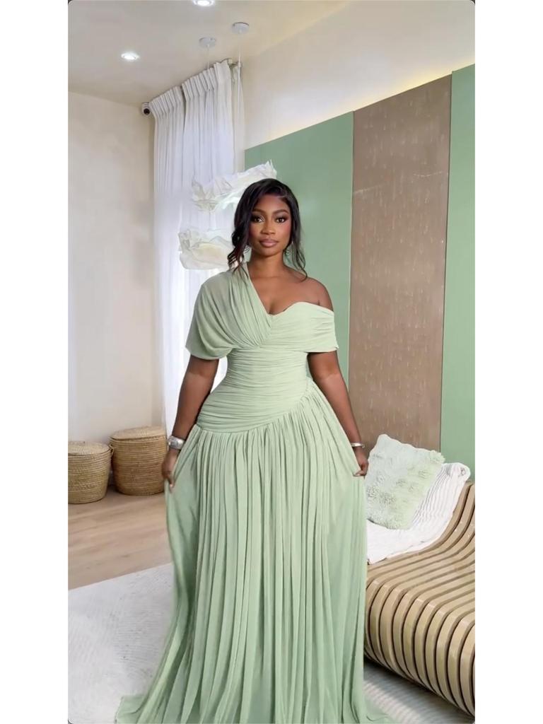 2026 Elegant One-Shoulder Pleated Waist-Cinched Lace-Up Long Sleeve Dress for Women