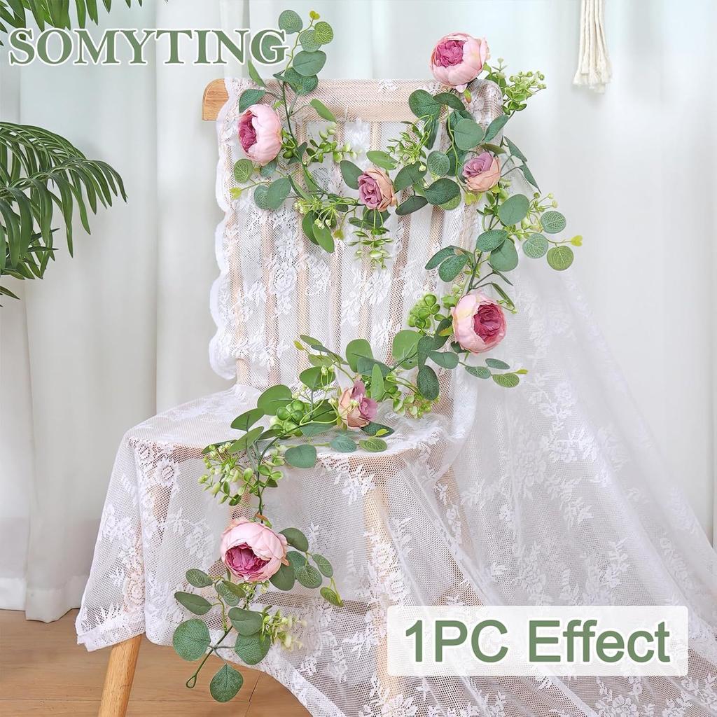 Artificial Peony Eucalyptus Garland, Fake Silk Flowers Wreath Vine for Home, Wall Hangings, Gardens, Arches, Wedding Party Decor