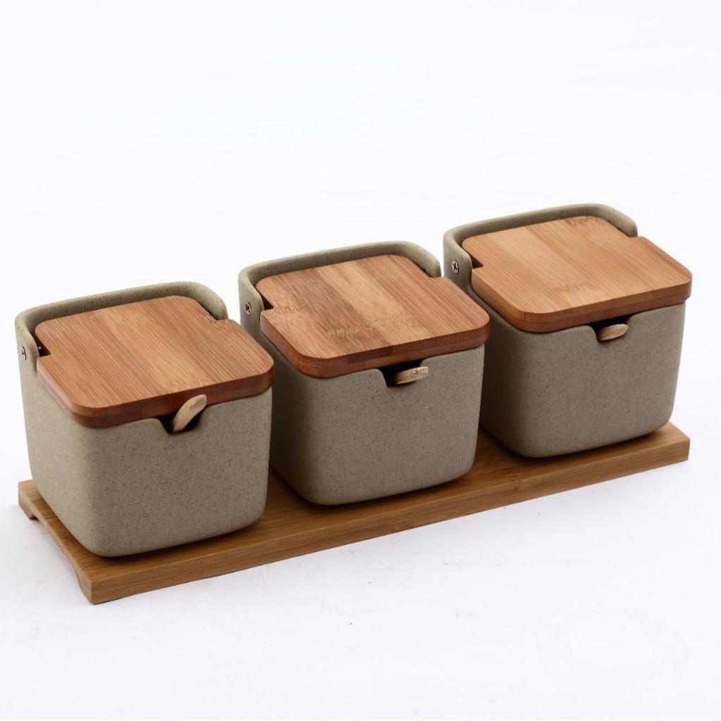 Borcan de condimente din ceramică în stil japonez Capac din bambus Borcan de condimente cu lingură Zahăr de bucătărie Sare Cutie de depozitare Condimente Container de uz casnic