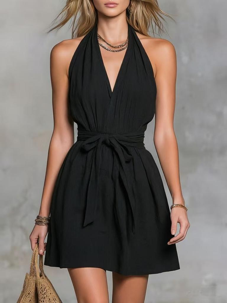 Women's Sleeveless V-Neck Belted Waist Solid Color Dress
