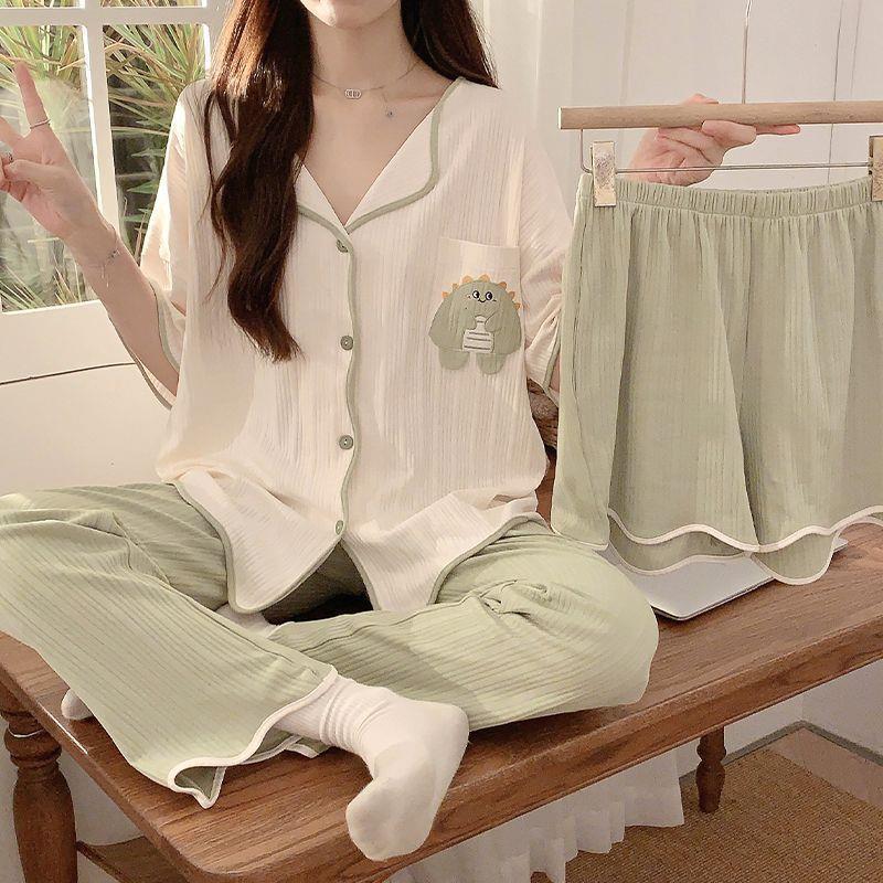 Ins Style Pajamas for Women In Summer Short-sleeved Cartoon Loose Summer Three-piece Set