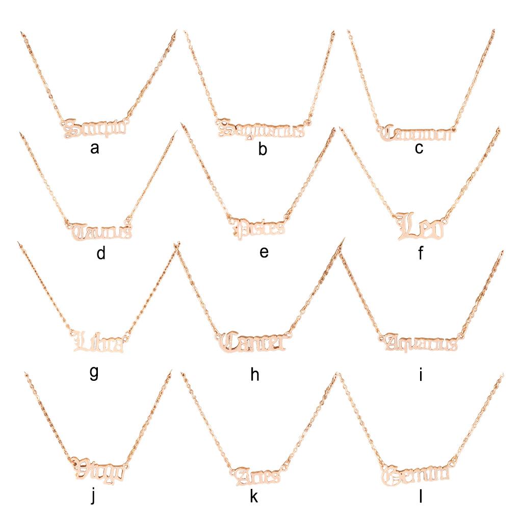 Vintage Letter Constellations Theme Zodiac Necklace DIY Chic Delicate Jewelry Chain Pendant for Lover Festival Gifts Rose Gold