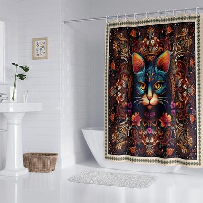 1Pc Cat Printed Waterproof Shower Curtain Bathe Hanging Curtain Partition Multi Size 12 Hooks Easy Installation Protect Privacy