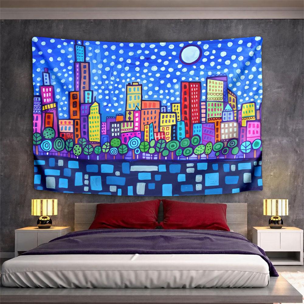Colorful city skyline with rectangles, trees, and dotted night sky. Patterned tapestry for bedroom and living room home decor