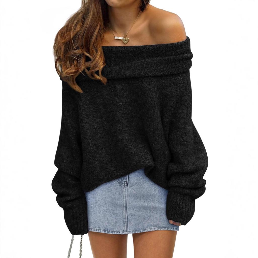2025 New Autumn and Winter Loose Bat Sleeve Solid Color Pullover Off-shoulder Casual Knitted Sweater for Women