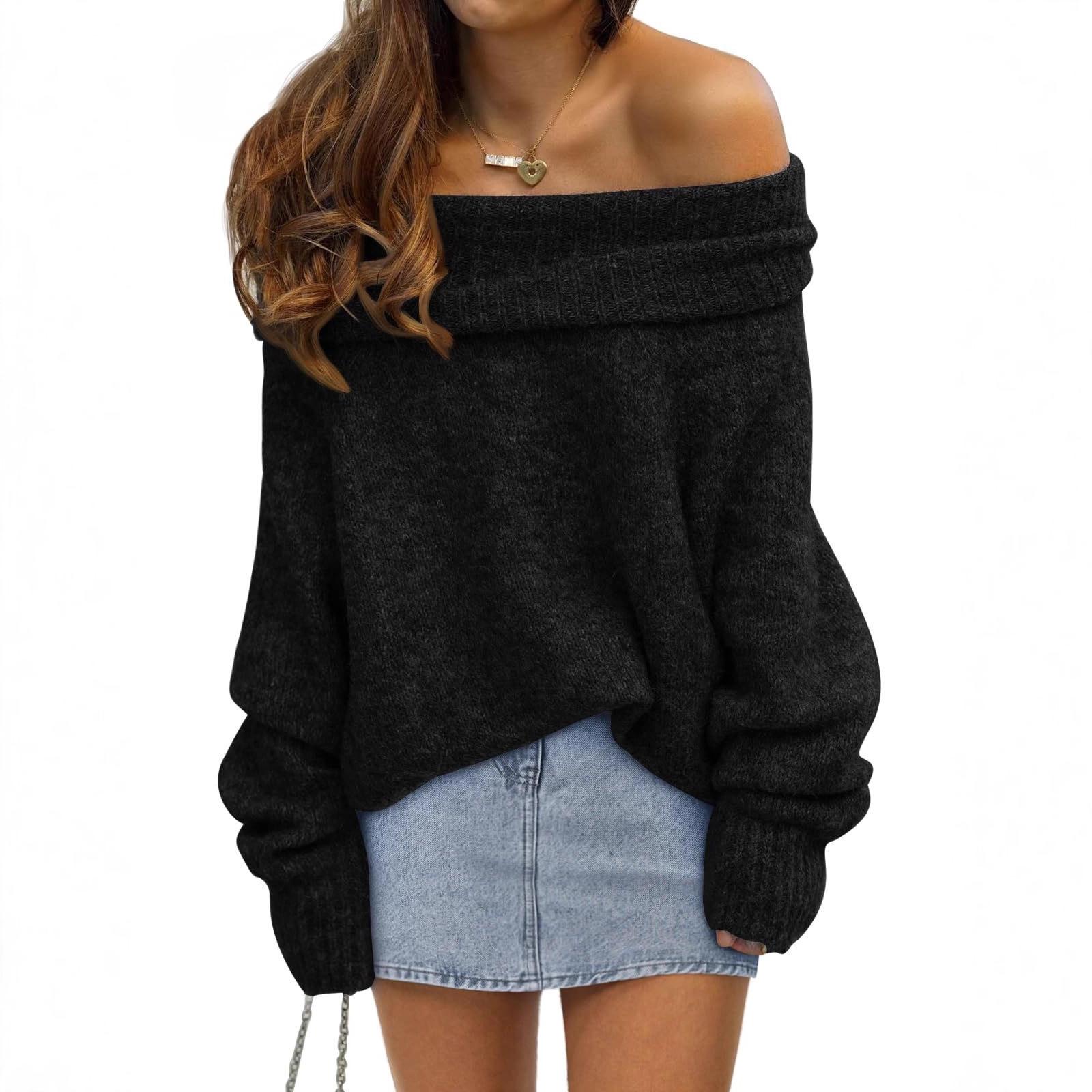 

2025 New Autumn and Winter Loose Bat Sleeve Solid Color Pullover Off-shoulder Casual Knitted Sweater for Women XXL чорний