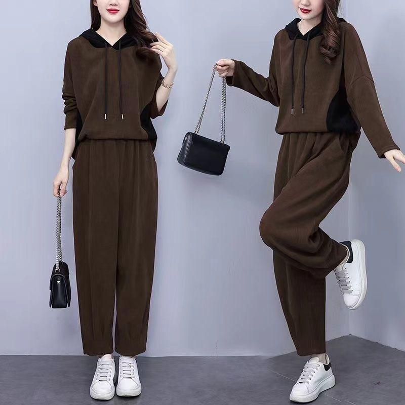 Autumn Plus Size Hooded Corduroy Fashion Set - Slimming Two-Piece for Casual Wear