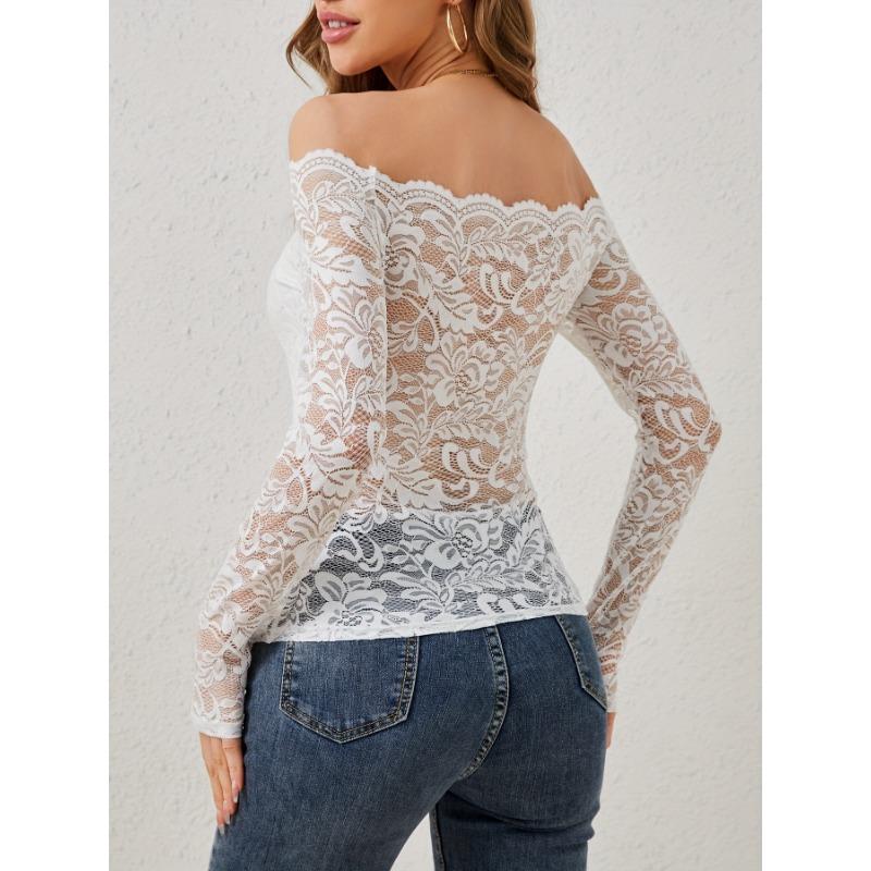 Pure Desire Spice One Line Neck Lace Top Women's New Sexy Slim V-neck with Elegant Off-the-shoulder Long Sleeve T-shirt