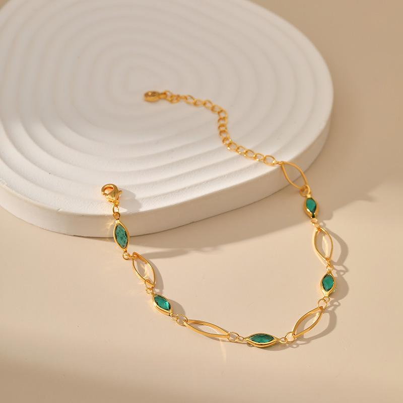 Women Gold Plated Green Glass Diamond Hollow Chain Handmade Bracelet