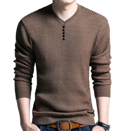 Chic Men Solid Color V Neck Long Sleeve Pullover Slim Fit Knitted Sweater Blouse