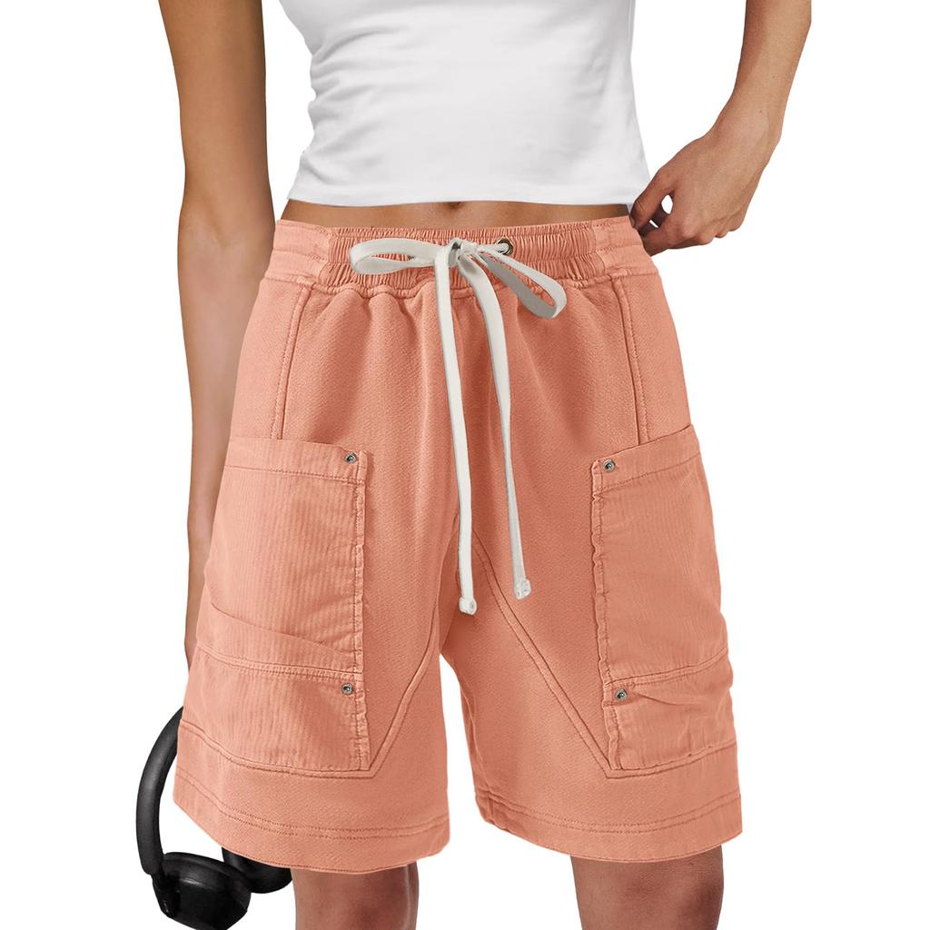 Women's Lightweight Elastic Waistband Cargo Shorts Knee Length Multi Pocket Utility Shorts with Drawstring Adjustable Fit