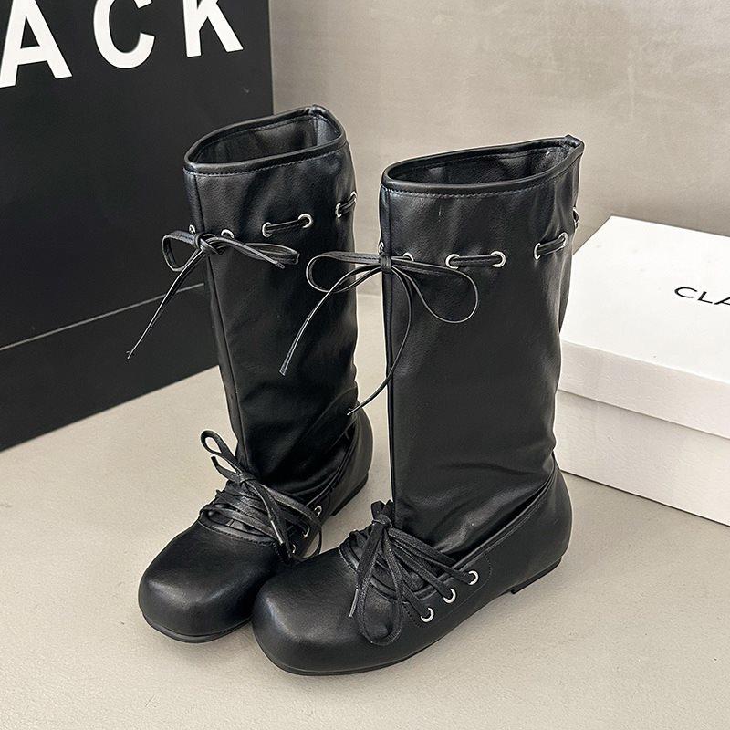 Round head women's inner height increase new wind thick-soled mid-tube boots straps autumn and winter mid-tube boots retro ballet