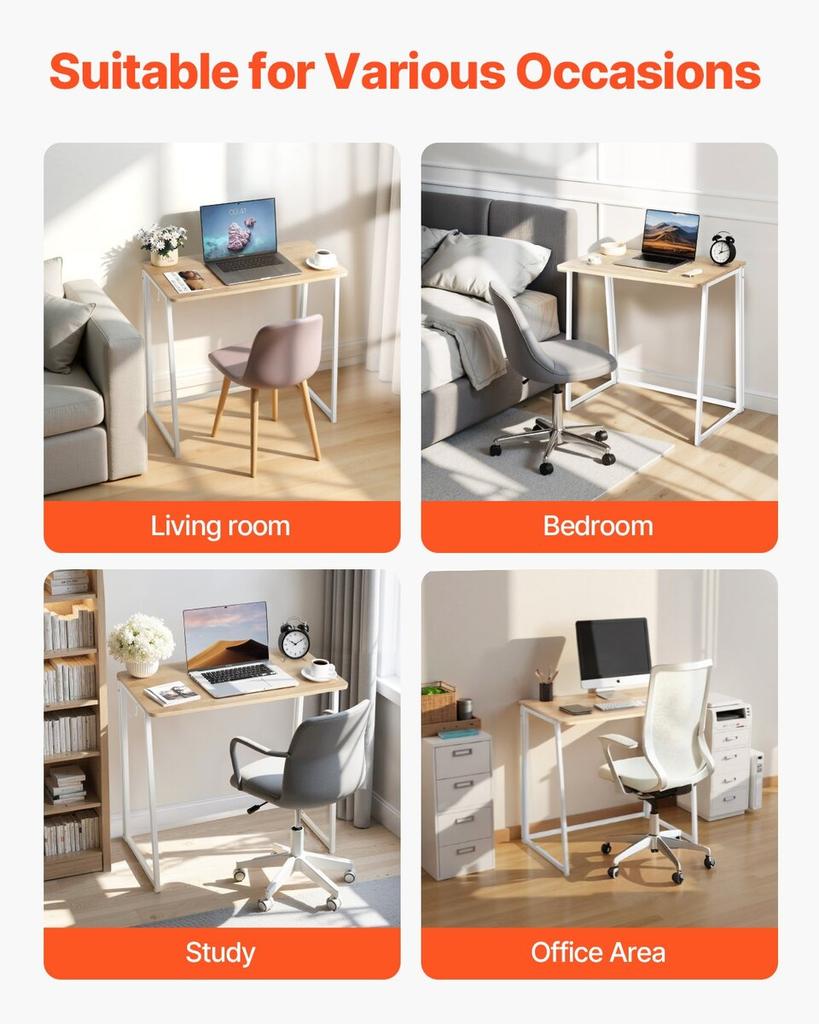 Folding Desk, 80 Cm Small Foldable Table for Compact Spaces, Space Saving Computer Table, Sturdy Particleboard with Storage Hooks, Writing Workstation