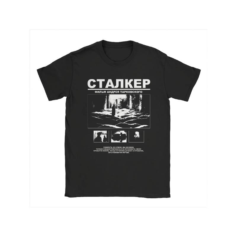 Unisex Schwarz Gemustertes T-Shirt Andrei Tarkovsky Science-Fiction-Film-Stil Design Rundhals Kurzarm Bohemian-Stil