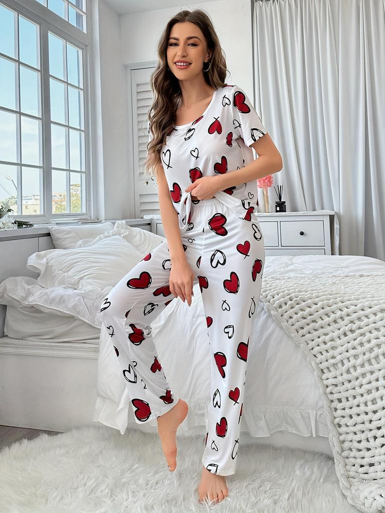 Women's Heart Print Silk Pajama Set - Short Sleeve Top & Long Pants