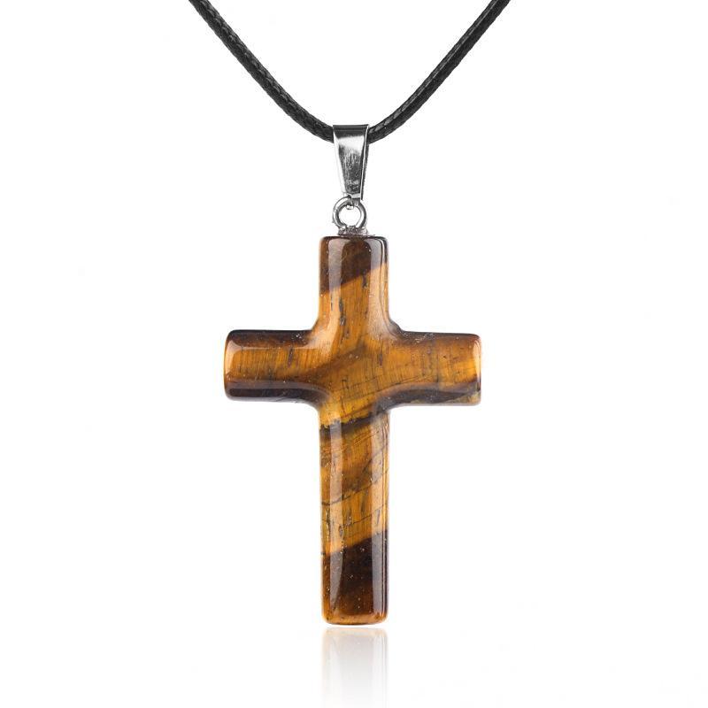 1Pc Handmade Carved Cross Natural Stone Pendant Necklace For Women Men Healing Chakra Crystal Charms Choker Jewelry