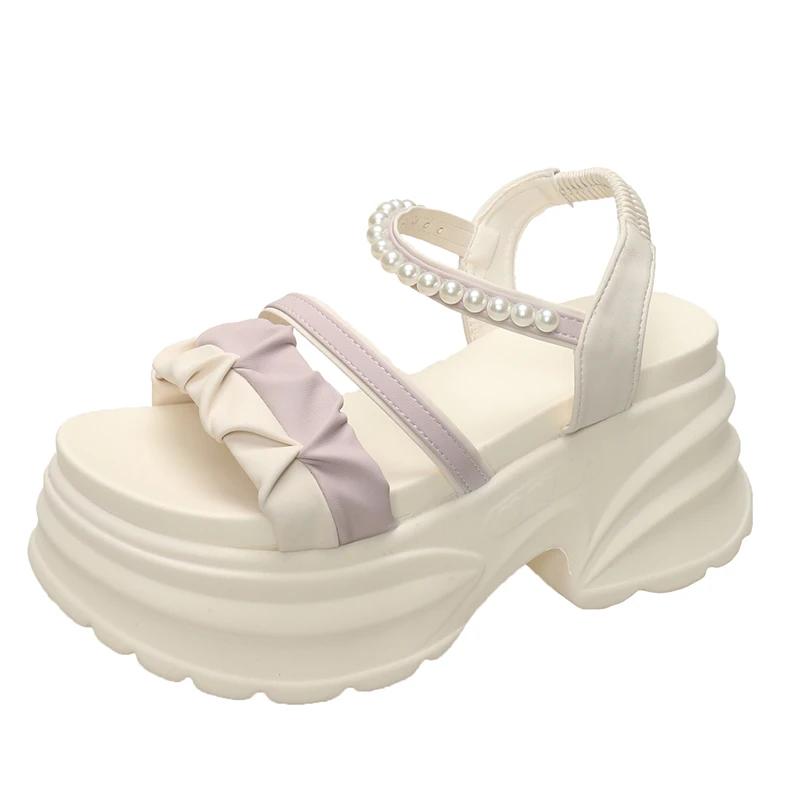 Fashion 8CM Summer Casual High Platform Sandals Women Buckle Strap Slippers Thick Bottom Pearl Sandalias Woman Chunky Casual Shoes Mujer