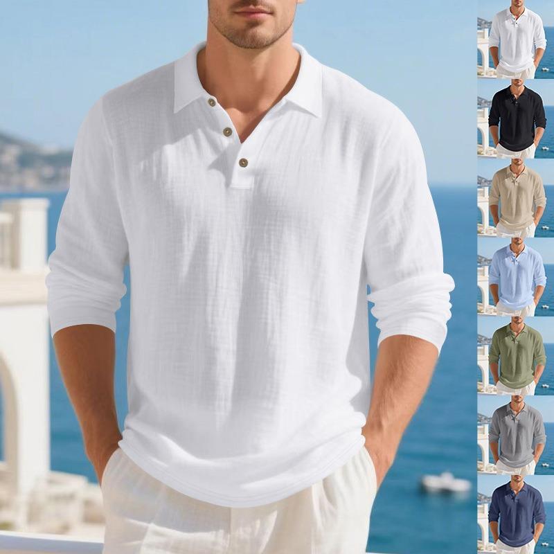 Mens Linen Loose Long Sleeve Casual Polo Shirt