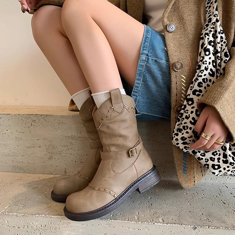Women'S British-Style Studded Western Cowboy Boots Fashionable Vintage Casual Outdoor Mid-Heel Boots Halloween Cosplay Boots