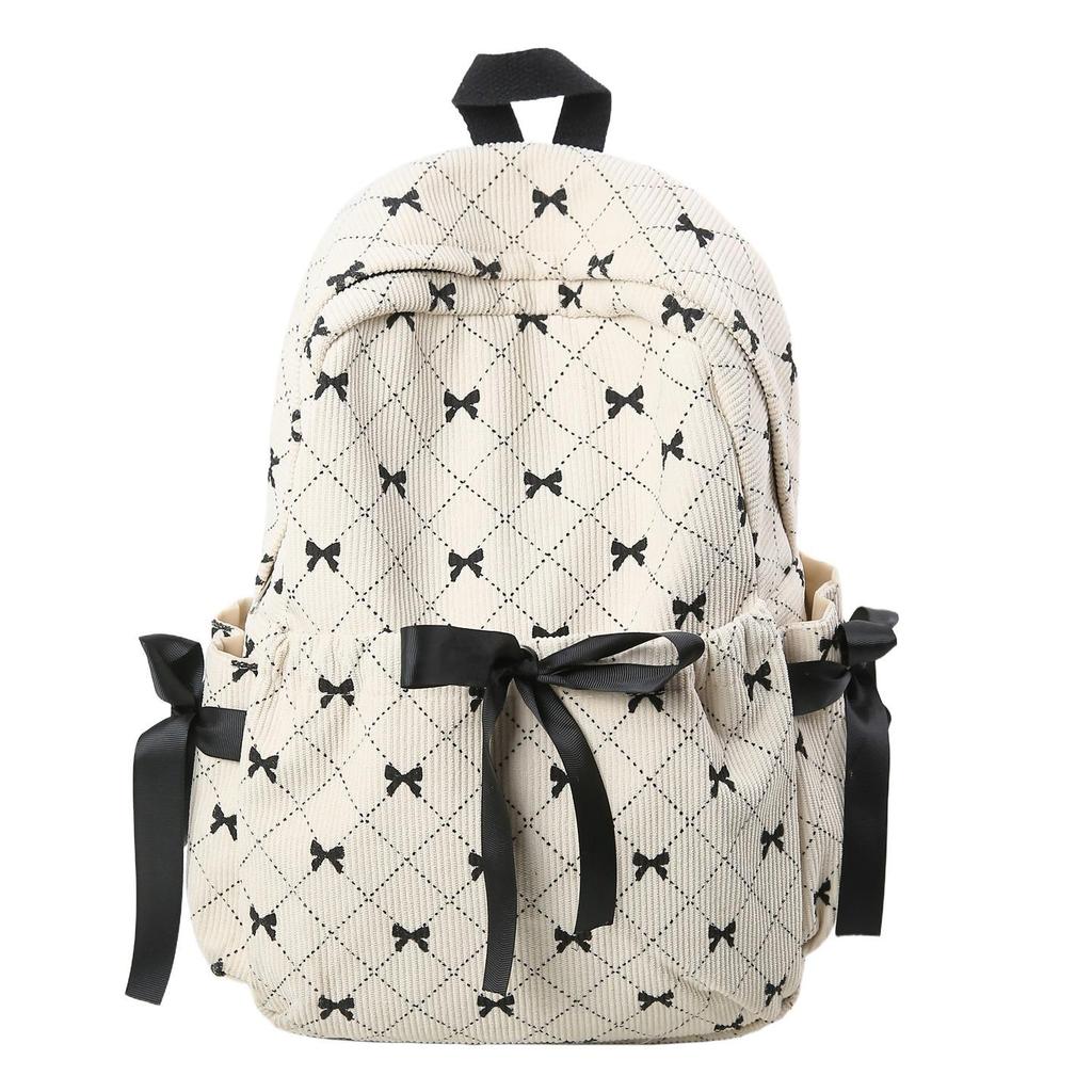 Women's Large Capacity Corduroy Backpack - Stylish, Lightweight, Casual School Bag with Bow for Junior High Students