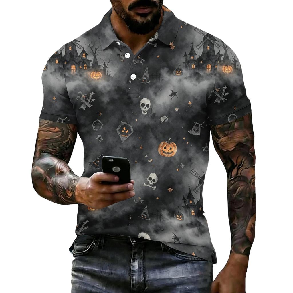 Men's Halloween Print Short Sleeve Polo Shirt Loose Fit Casual Summer Daily Wear Top with Button Placket and Classic Collar