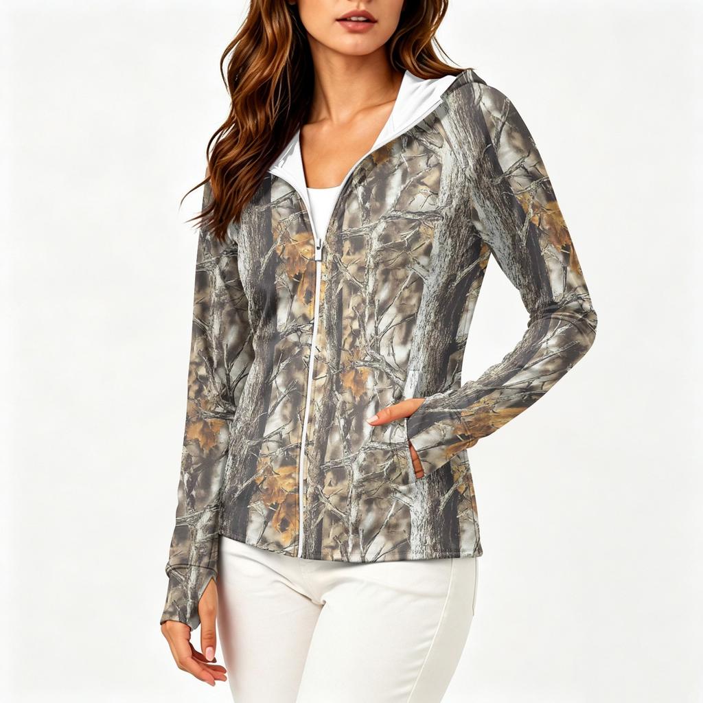 Women Lightweight Hooded Zip Up Jacket with Pockets Long Sleeve Printed Sun Protection Outerwear for Outdoor Activities