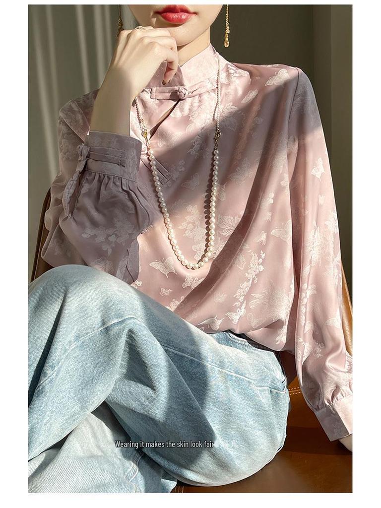 2024 Spring/Summer Women's Chinese Style Satin Jacquard Stand Collar Shirt