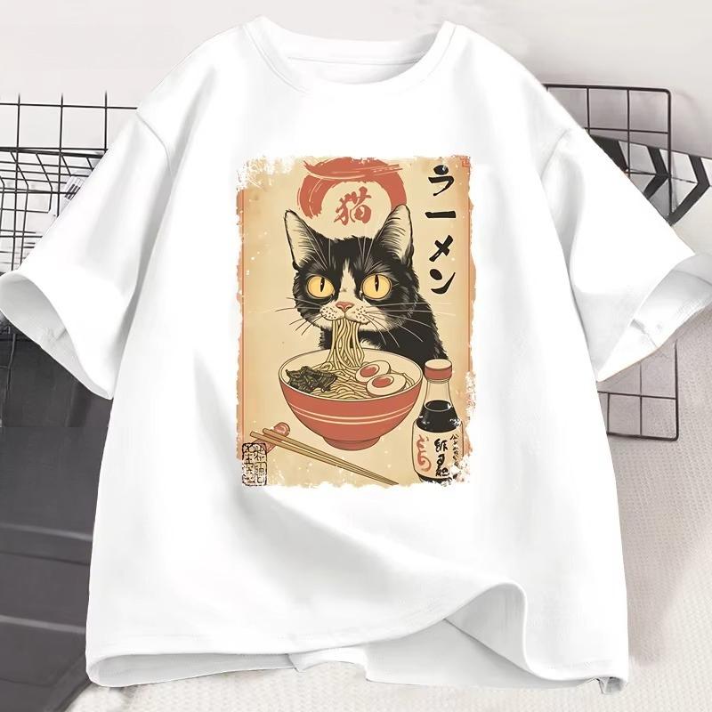 Ramen Cat T-shirt Japanese Style Black Cat Eating Ramen Grpahic T Shirts TrendySoft Short Sleeve Clothing