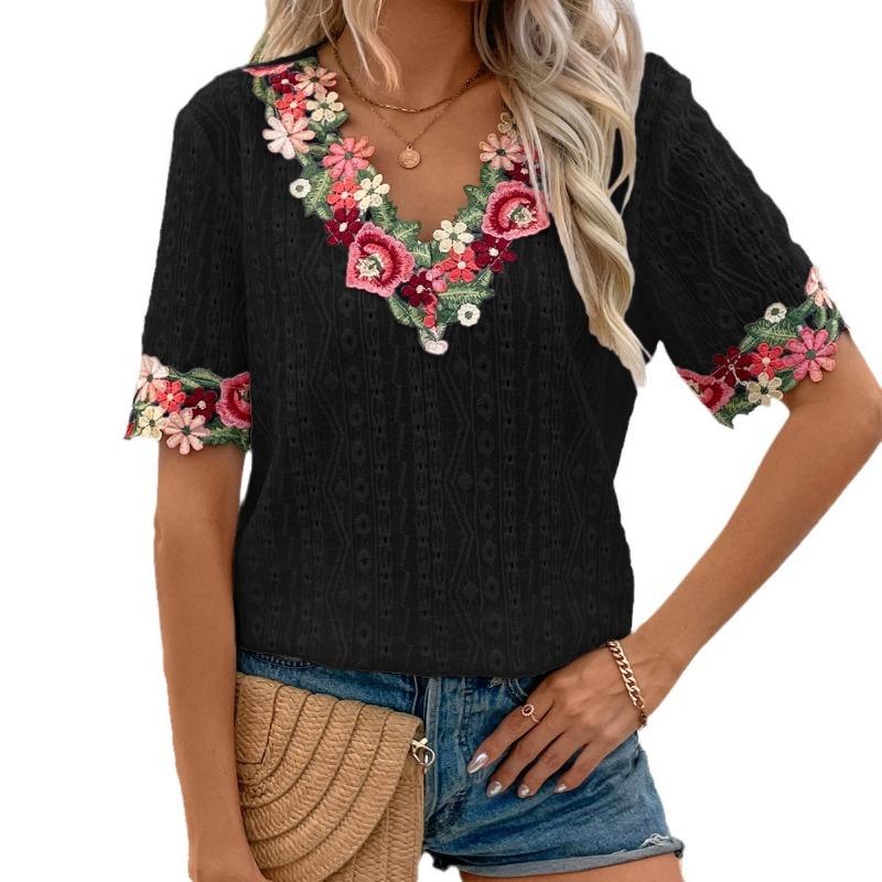 Women's Summer Sexy Deep V-neck Lace Short Sleeved Top T-shirt for Women Shirt