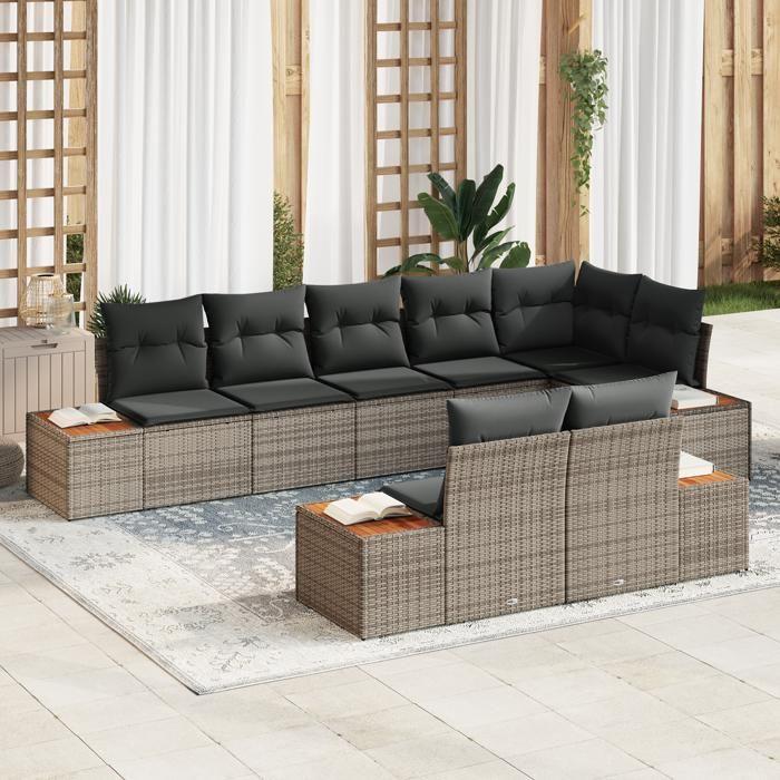 VidaXL Ensemble de 8 Canapés de Jardin avec Coussins Gris Poly Rattan Acacia 3348110