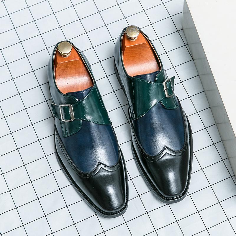Monk Shoes Men PU Color Blocking Buckle Carving Fashionable Business Casual Men Shoes Large Sizes 38-48