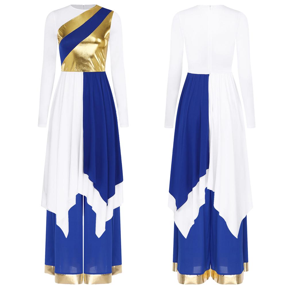 Dames Lyrische Dans Kostuum Set S-XXL: Jurk met Lange Mouwen, Metallic Contrastkleur, Onregelmatige Zoom & Wijde Broek voor Kerkdienst, Dans