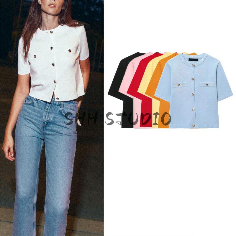 Summer New Product Women's Clothes Classic Style Round Neck Short Sleeve Minimalist Fashion All-Match Short Knitting Outwear 1822022