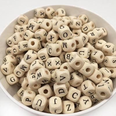 Colored Natural Wood Letter Square Beads for DIY Children's Bracelets and Ornaments, Size 8-10
