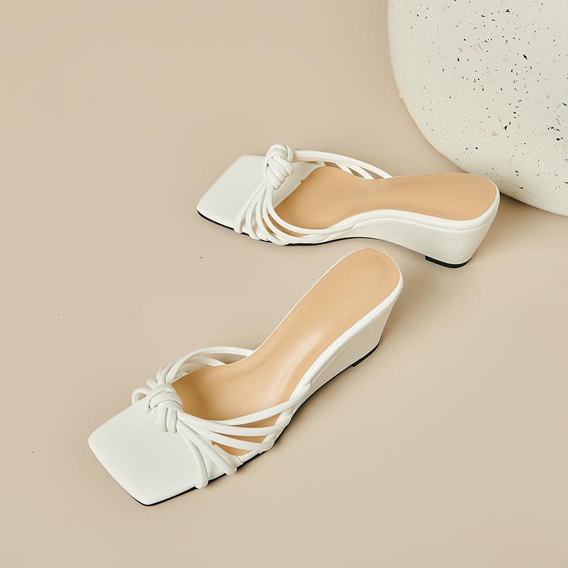fashion Knotted Style French Retro Slim Heel Sandals Woven Bag Medium Heel Square Toe Open Toe Cutout Art Women's Sandals