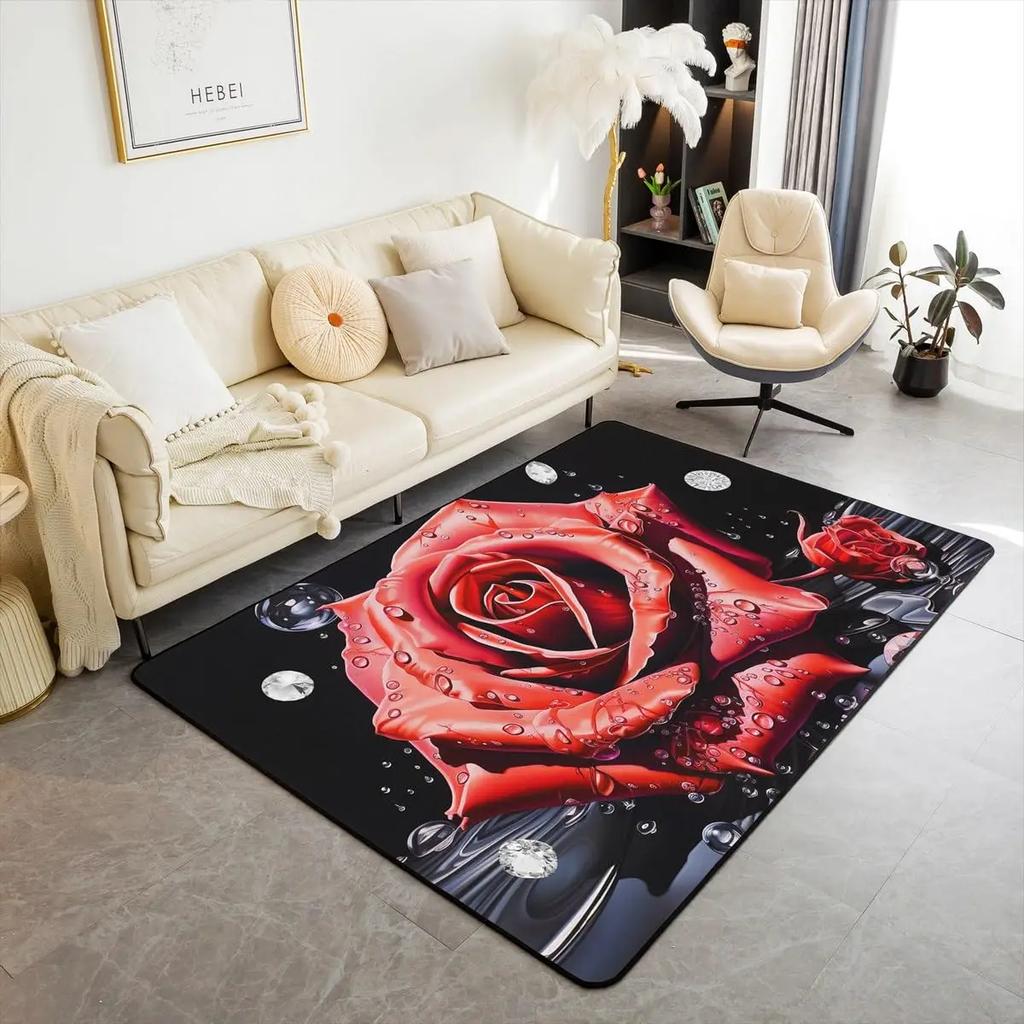 Carpet for Living Room Romantic Black White Red Rose Flower Painting Area Rug Abstract Non-Slip Bedside Floor Mats Home Decor