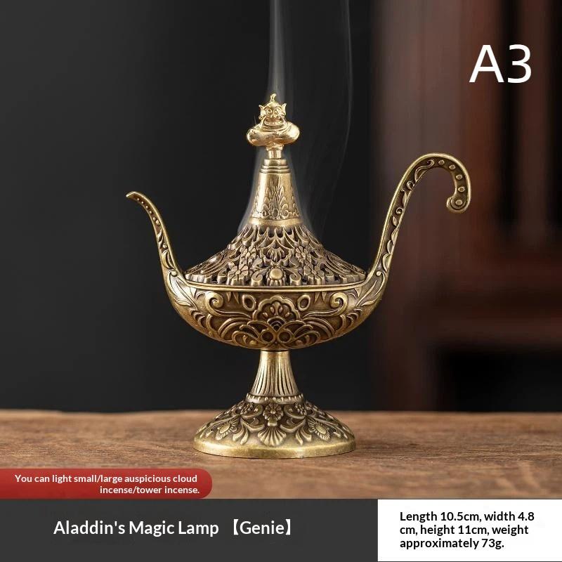 Alas Divine Lamp Golden Iron Incense Burner 1Pcs Handcrafted Incense Stand for Teahouse Office Meditation Room Decor