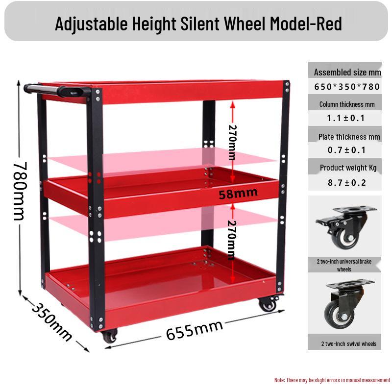 Adjustable 3-Tier Hand-Push Tool Cart for Auto Repair - Multi-Functional Mobile Workshop Storage.