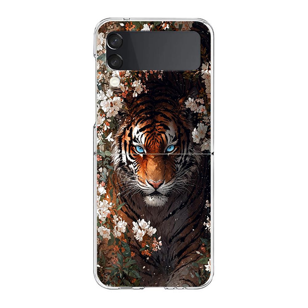Transparent Phone Case For Samsung Galaxy Z Flip 3 4 5 6 7 Hard Folding PC Z Flip3 Flip4 Cover Cool Animal Tiger Lion